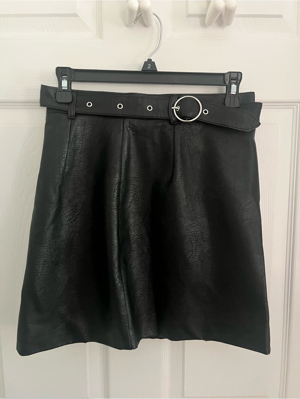 H&M Black Faux Leather A-Line Skirt with Round Silver Buckle